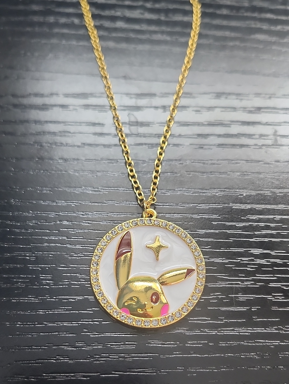 Gold Pikachu Pendant Necklace with White Enamel
